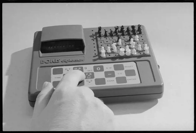 Closeup of hand on a "Boris Diplomat" electronic travel computer chess game designed and manufactured by Applied Concepts, no location, 2/14/1979. (Photo by Marion S Trikosko/US News & World Report Collection/GG Vintage Images/UIG)