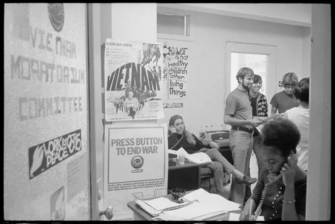 Staff and well-wishers gather in the offices of the Vietnam Moratorium Committee on the day of the nationwide antiwar demonstrations coordinated by the group, Washington, DC, 10/15/1969.  (Photo by Warren K Leffler/US News & World Report Collection/GG Vintage Images/UIG)