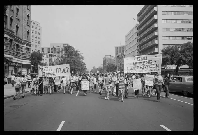 Women march from Farragut Square to Lafayette Park carrying banners and signs during a demonstration in favor of equal rights for women, Washington, DC, 8/26/1970.  (Photo by Warren K Leffler/US News & World Report Collection/GG Vintage Images/UIG)