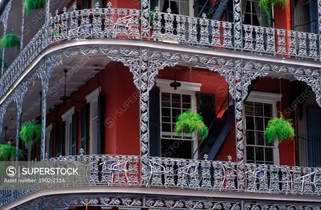 USA Louisiana New Orleans The French Quarter detail of wrought iron balcony