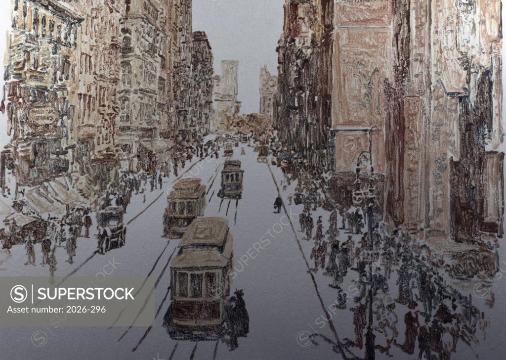 Stock Photo: 2026-296 Trolley, 5th Ave. NYC, 1890’s 1988 Anthony Butera (b.20th C.) Monotype