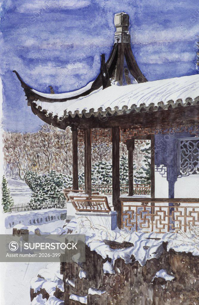 Stock Photo: 2026-399 NY Chinese Scholar’s Garden, Staten Island, NY 2004 Anthony Butera (b.20th C.) Watercolor