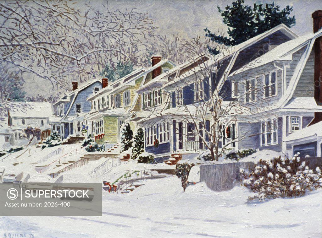 Stock Photo: 2026-400 Houses in Snow 1996 Anthony Butera (b.20th C.) Oil