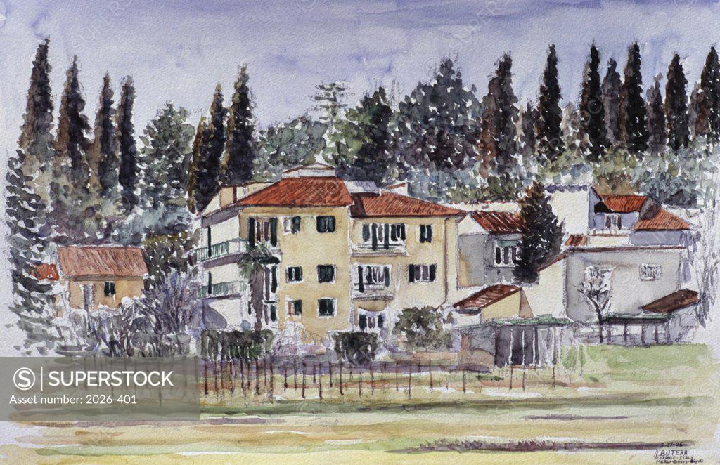 Stock Photo: 2026-401 Countryside, Outside Florence, Italy 2005 Anthony Butera (b.20th C.) Watercolor