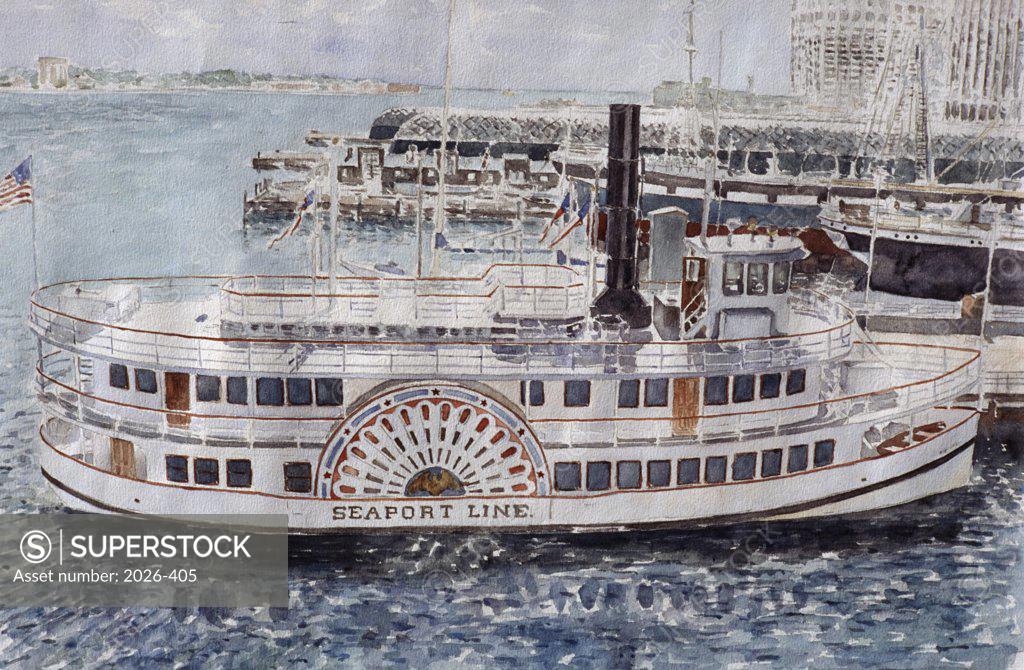 Stock Photo: 2026-405 Sidewheeler, South Street Seaport, NYC 1985 Anthony Butera (b.20th C.) Watercolor
