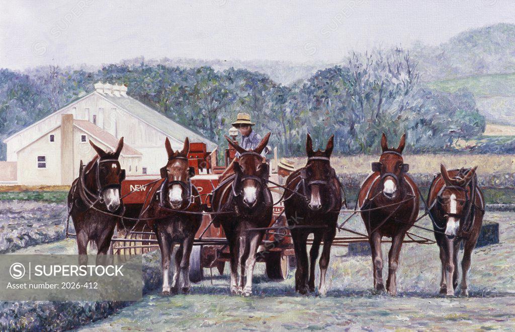 Stock Photo: 2026-412 Harvest, Amish Mules, PA. 2000 Anthony Butera (b.20th C.) Oil