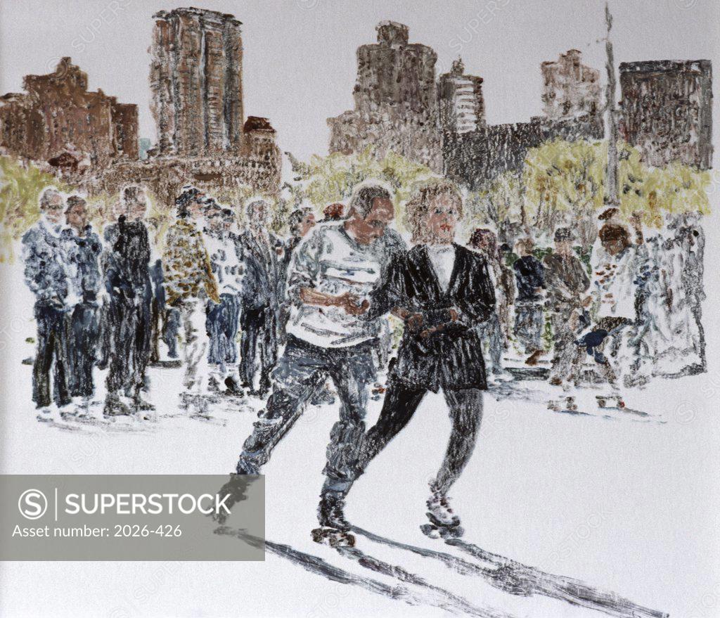 Stock Photo: 2026-426 Central Park, Roller Skating, 1992, Anthony Butera, (b.20th C.), Monotype
