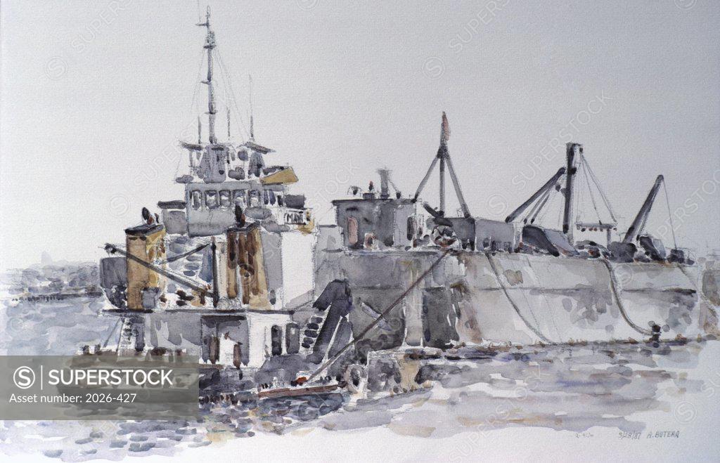 Stock Photo: 2026-427 Dredging for Naval Port, Staten, 1987, Anthony Butera, (b.20th C.), Watercolor