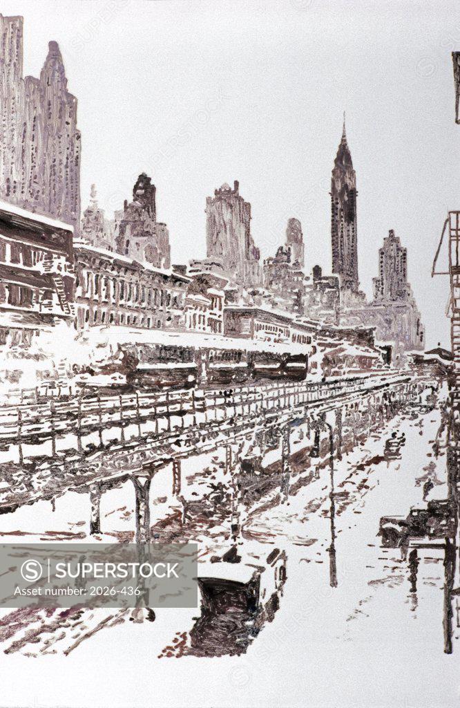 Stock Photo: 2026-436 1947 Snowstorm, 3rd Ave.El, New York, NY, 1990, Anthony Butera, (b.20th C.), Monotype