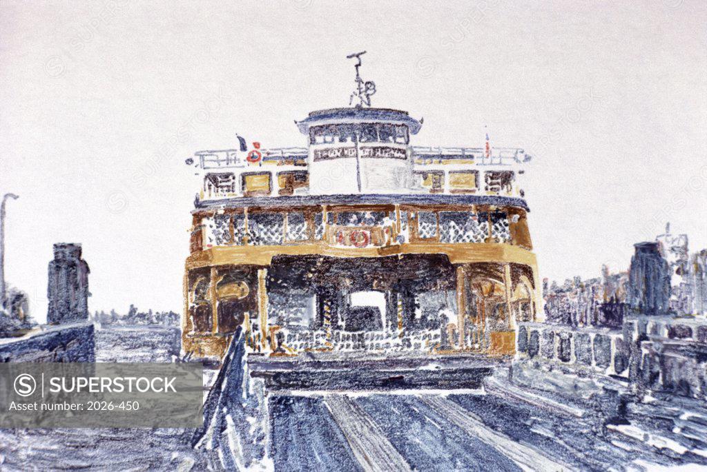 Stock Photo: 2026-450 Staten Island Ferry, Docking, 1989, Anthony Butera, (b.20th C.), Monotype