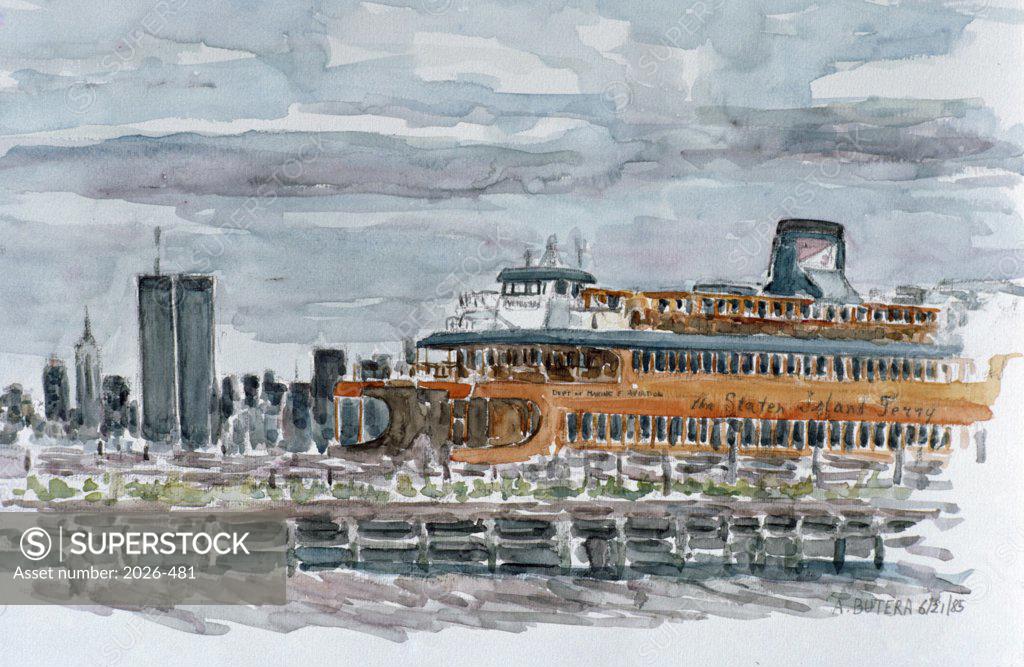 Stock Photo: 2026-481 Ferry with World Trade Center in the Background, Anthony Butera, (b.20th C.), Watercolor
