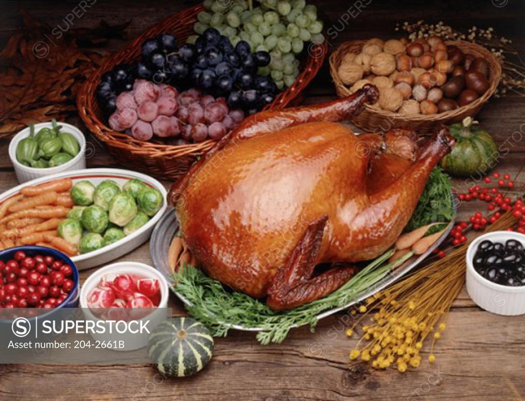 Stock Photo: 204-2661B Roast Chicken with fruits and vegetables
