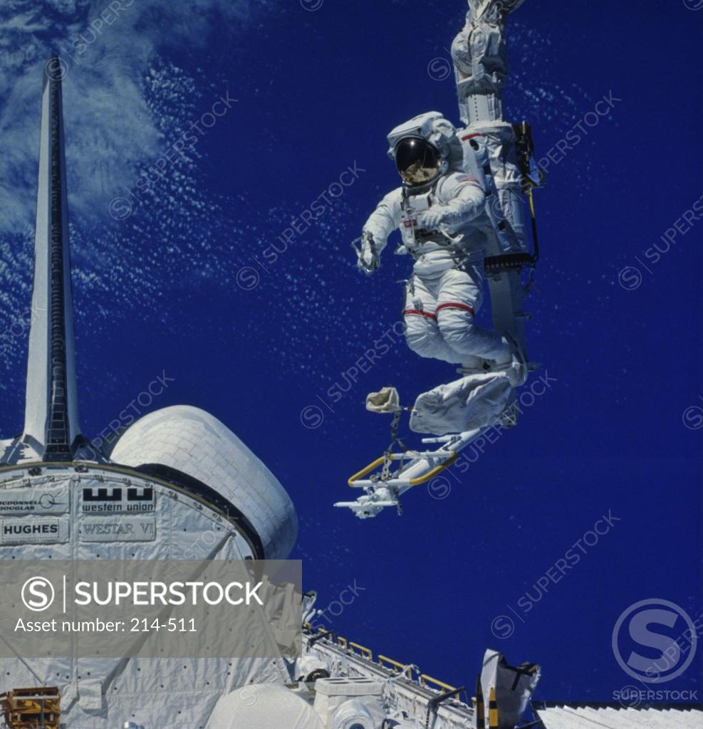Stock Photo: 214-511 Bruce McCandless II Conducts an Extravehicular Activity During Flight 41-B of the Space Shuttle Challenger