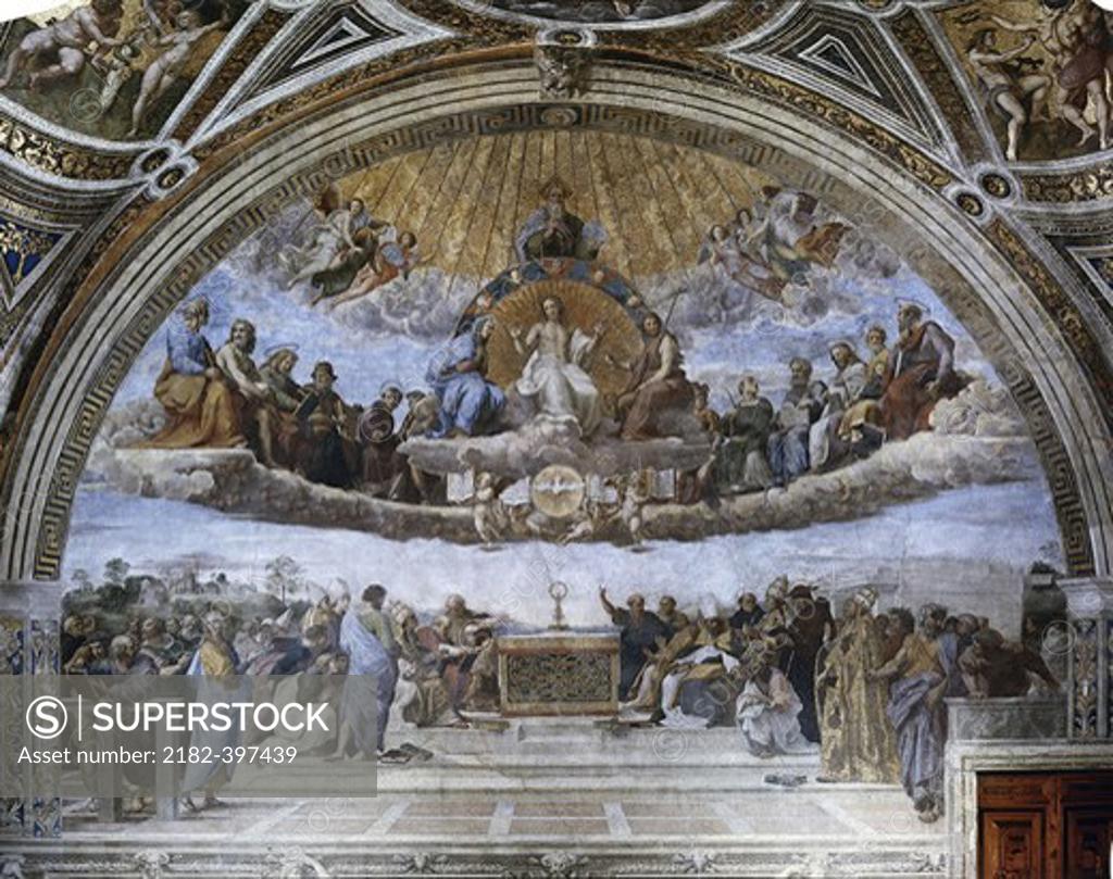 Stock Photo: 2182-397439 La Disputa (Disputation Of The Holy Sacrament) 1508-11 Raphael (1483-1520 Italian) Fresco Stanza della Segnatura, Palazzi Pontifici, Vatican City 