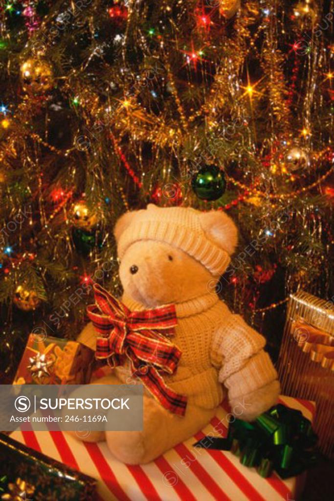Stock Photo: 246-1169A Close-up of Christmas presents in front of a Christmas tree