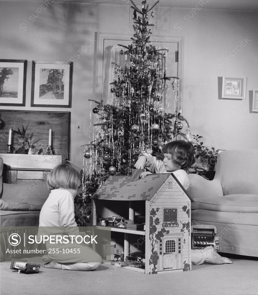 Stock Photo: 255-10455 Side profile of two girls playing with a dollhouse near a Christmas tree