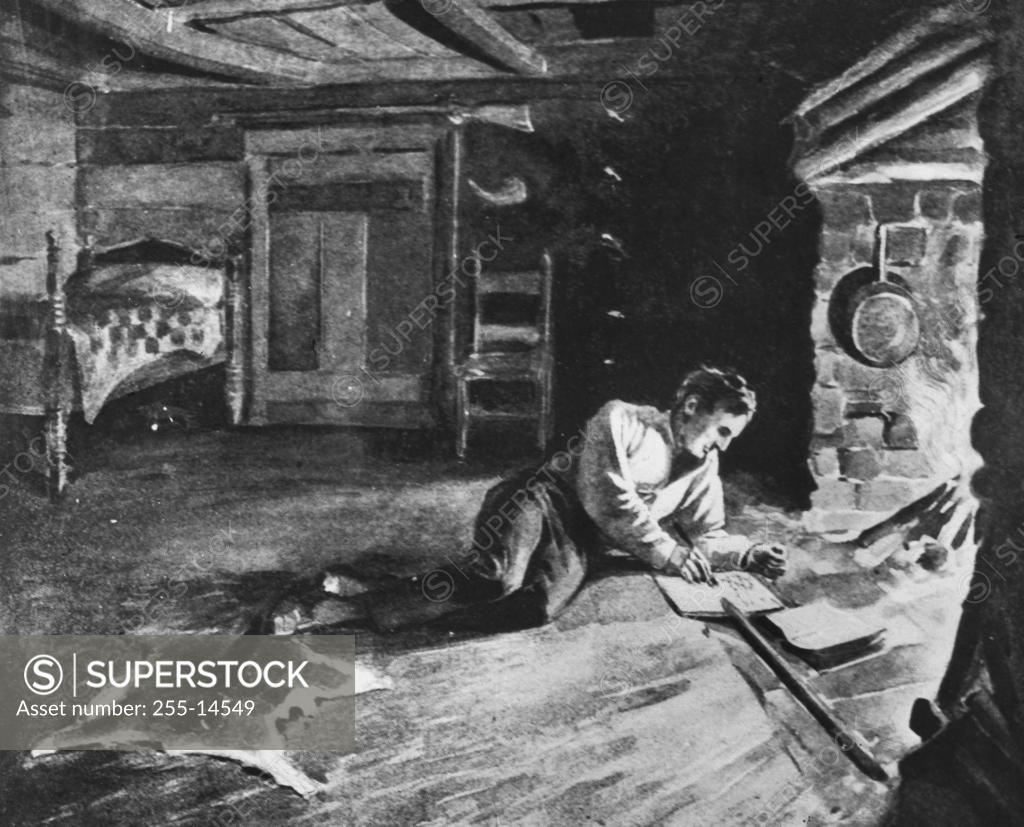 Stock Photo: 255-14549 Young Abraham Lincoln Studying in Front of Fireplace Illustration