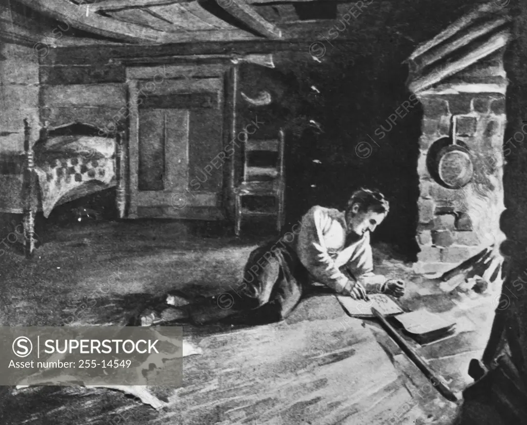 Young Abraham Lincoln Studying in Front of Fireplace Illustration