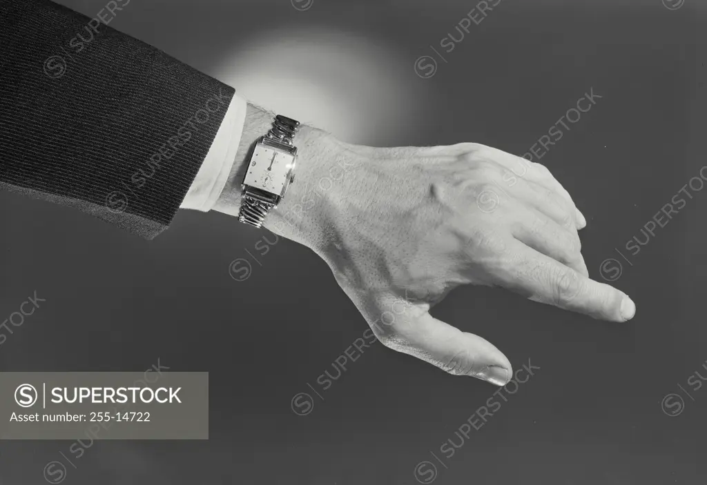 Close-up of a person's hand wearing a wristwatch