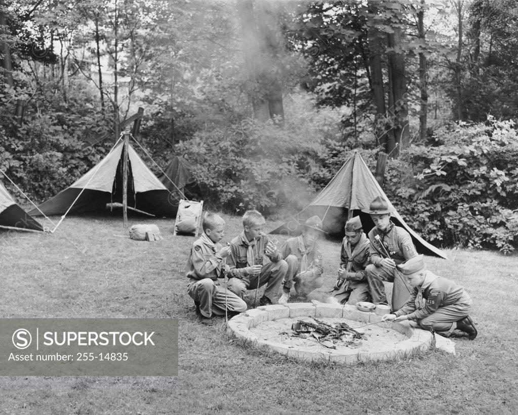 Stock Photo: 255-14835 Boy scouts roasting marshmallows over a camp fire