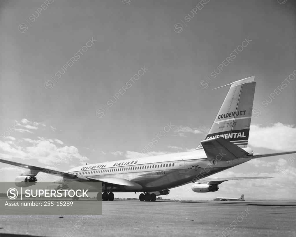 Stock Photo: 255-15289 Low angle view of an airplane on a runway, Boeing 707