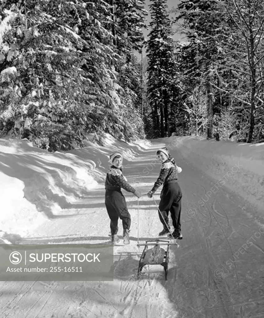 USA, Washington, Snoqualmie Pass, Rear view of boys pulling sledge in winter scenery