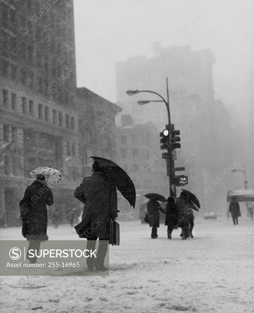 Stock Photo: 255-16965 Group of people walking during a blizzard, New York City, USA