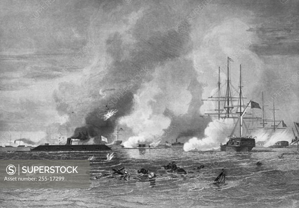 Stock Photo: 255-17299 Naval Conflict in Hampton Roads - Action Between the Monitor and Merrimac American History