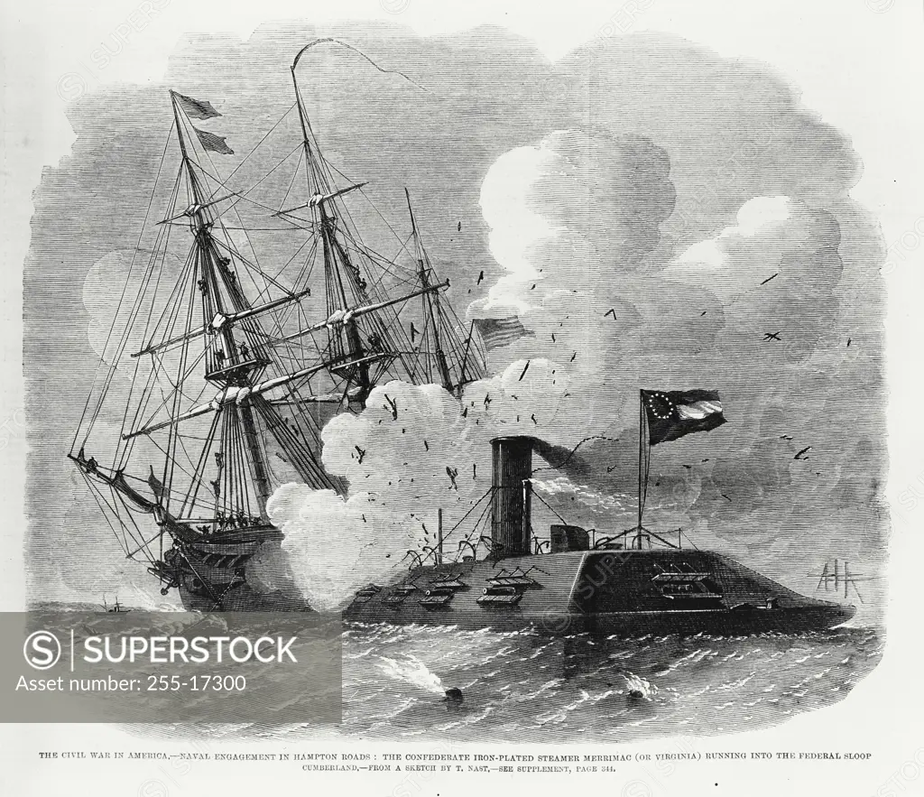 Vintage Photograph. Naval Engagement in Civil War March 8, 1862 The "Merrimac" Ramming the Federal Sloop "Cumberland" American History