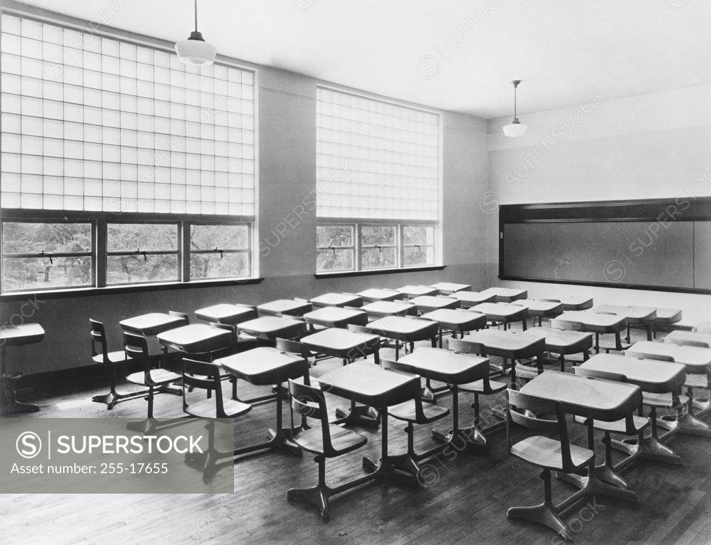 Stock Photo: 255-17655 Empty chairs in a classroom