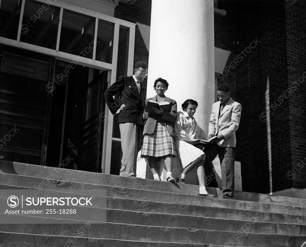 Stock Photo: 255-18288 Low angle view of two young men and two young women reading books