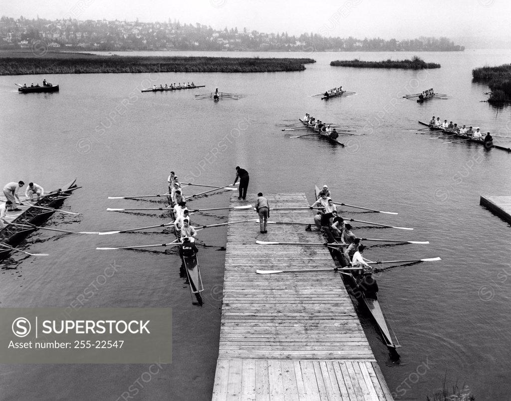 Stock Photo: 255-22547 High angle view of rowboats in a sweep rowing race, Lake Washington, Washington, USA