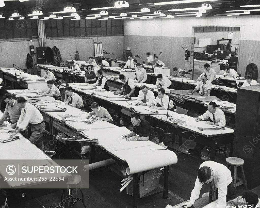 Stock Photo: 255-22654 High angle view of engineers working in an office, Airplane Drafting Room, Glenn L Martin Company, Baltimore, Maryland, USA