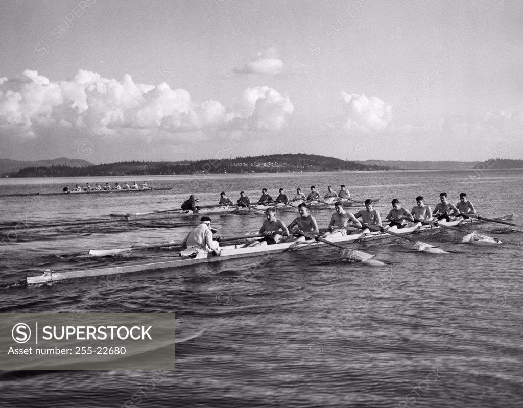 Stock Photo: 255-22680 Group of people rowing rowboats in a sweep rowing race, Lake Washington, Washington, USA