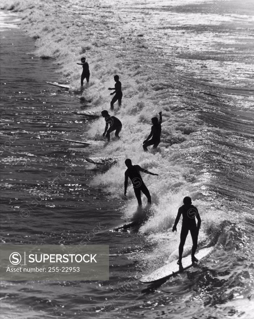 Stock Photo: 255-22953 High angle view of a group of men surfing in the sea