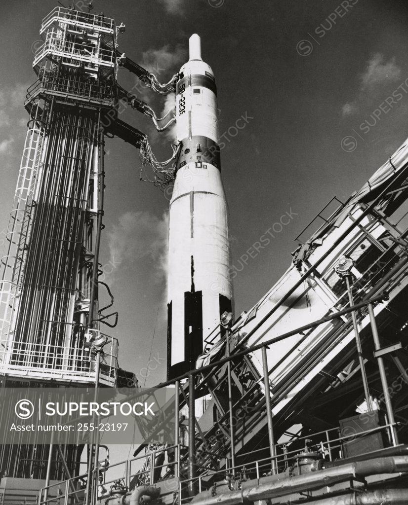 Stock Photo: 255-23197 Low angle view of a rocket on a launch pad, Titan, Cape Canaveral, Florida, USA