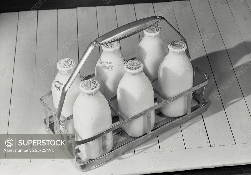 Stock Photo: 255-23491 High angle view of milk bottles