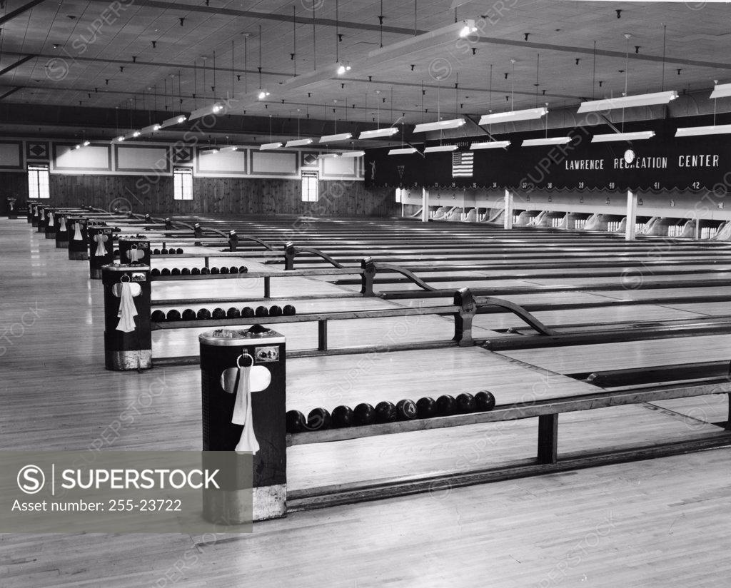 Stock Photo: 255-23722 Interior of a bowling alley