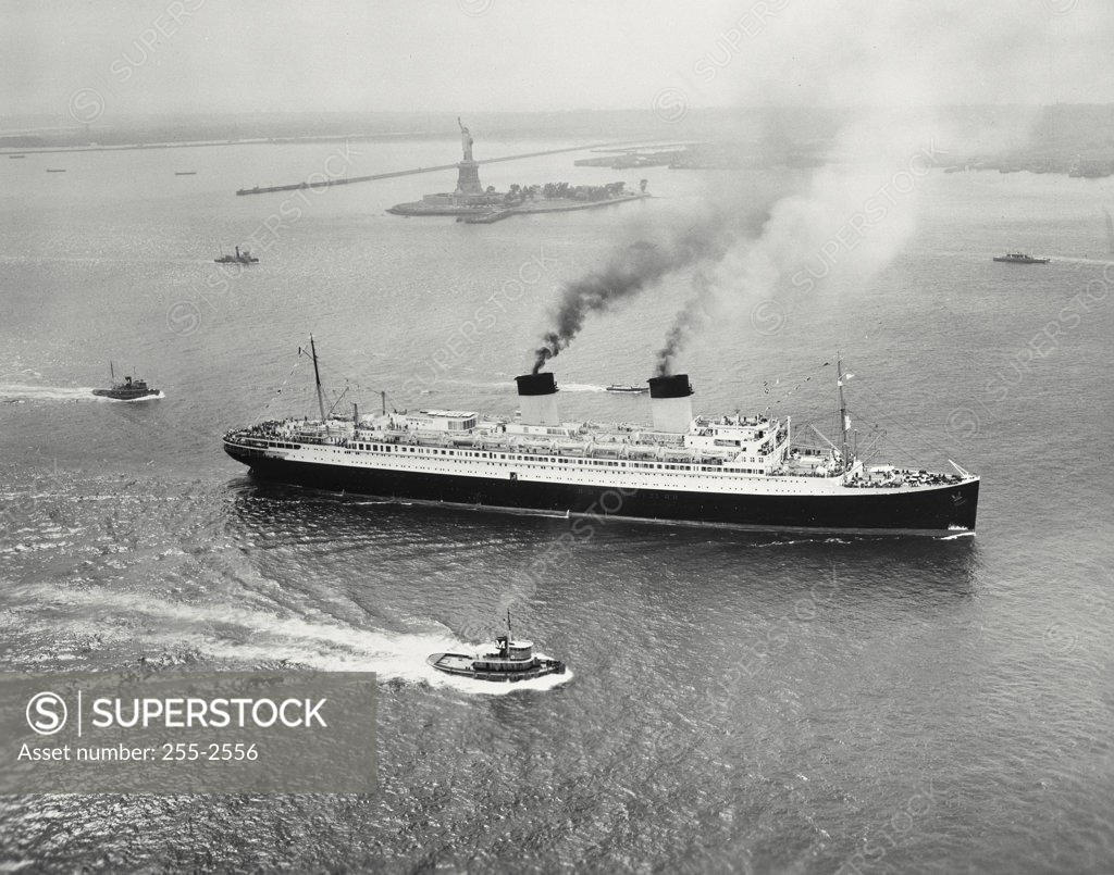 Stock Photo: 255-2556 High angle view of a cruise ship in the sea, SS Ile de France, New York City, New York State, USA