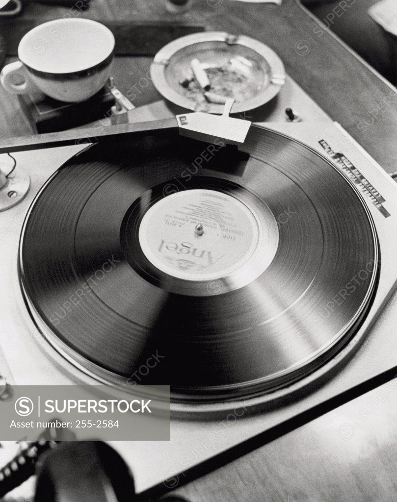 Stock Photo: 255-2584 High angle view of a record on a turntable