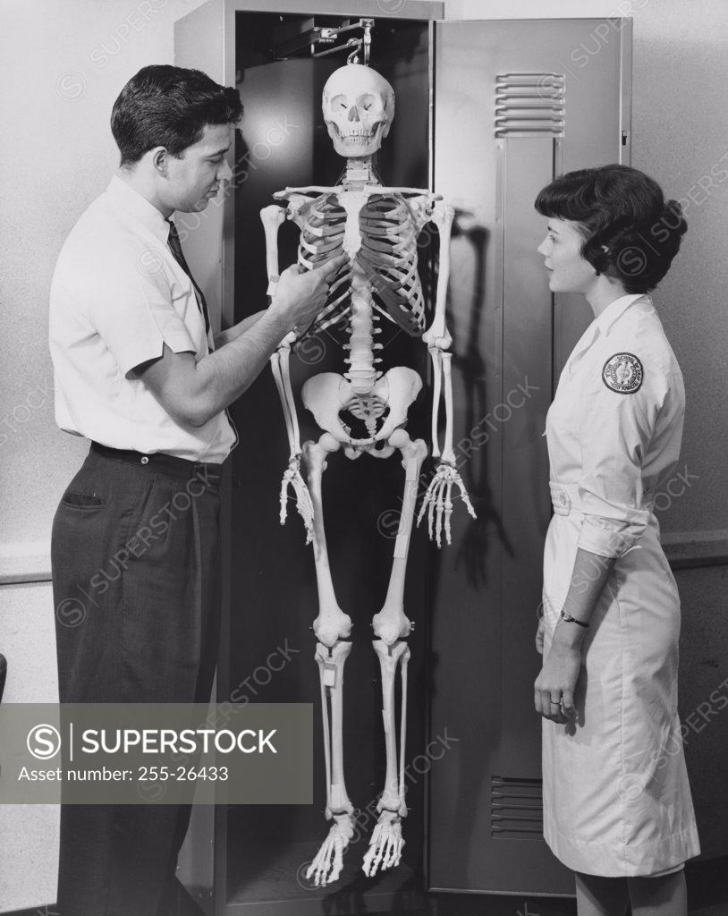 Stock Photo: 255-26433 Side profile of a male doctor explaining about human skeleton to a female nurse