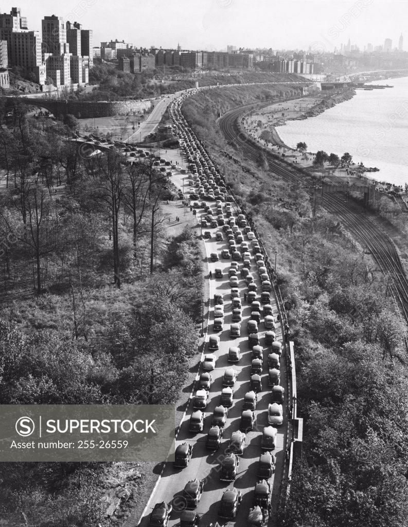 Stock Photo: 255-26559 High angle view of cars moving on a highway, West Side Highway, New York City, New York, USA