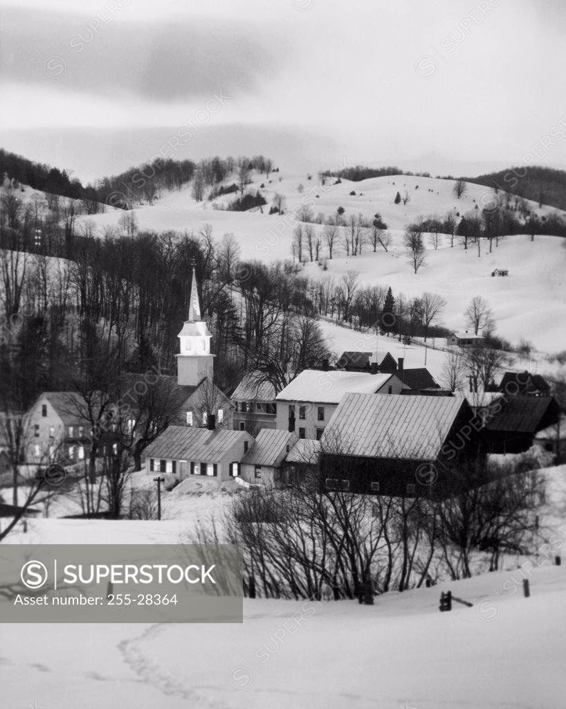 Stock Photo: 255-28364 High angle view of buildings on a snow covered landscape, East Corinth, Vermont, USA