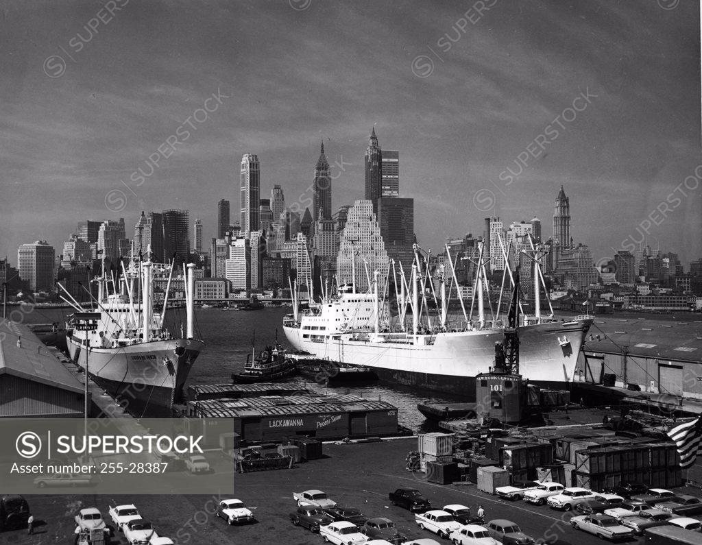 Stock Photo: 255-28387 USA, New York, New York City, container ships at commercial dock, 1970s