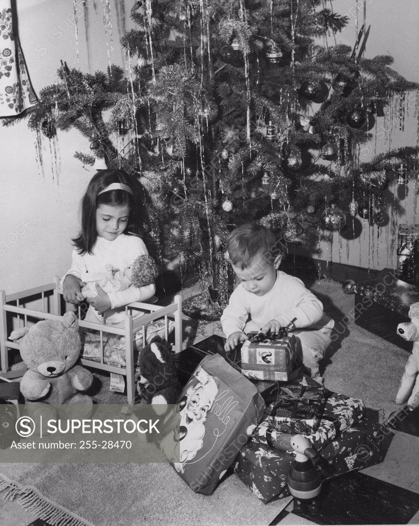 Stock Photo: 255-28470 Girl playing with a doll and her brother opening a Christmas present beside her, 1960s