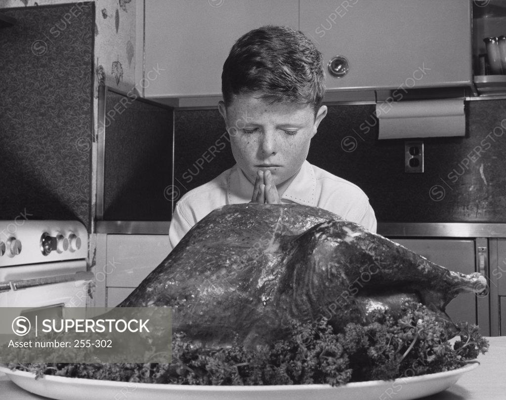 Stock Photo: 255-302 Close-up of a roasted turkey on a plate in front of a boy