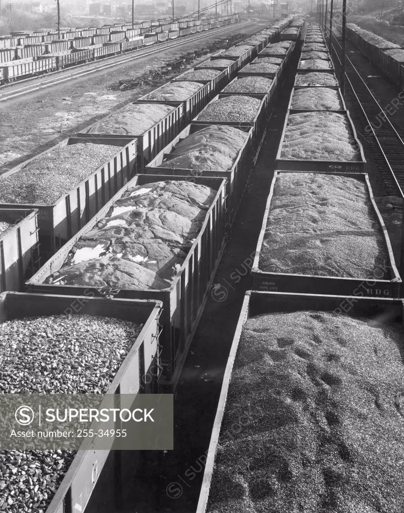 High angle view of railroad cars full of coal, Reading, Pennsylvania, USA