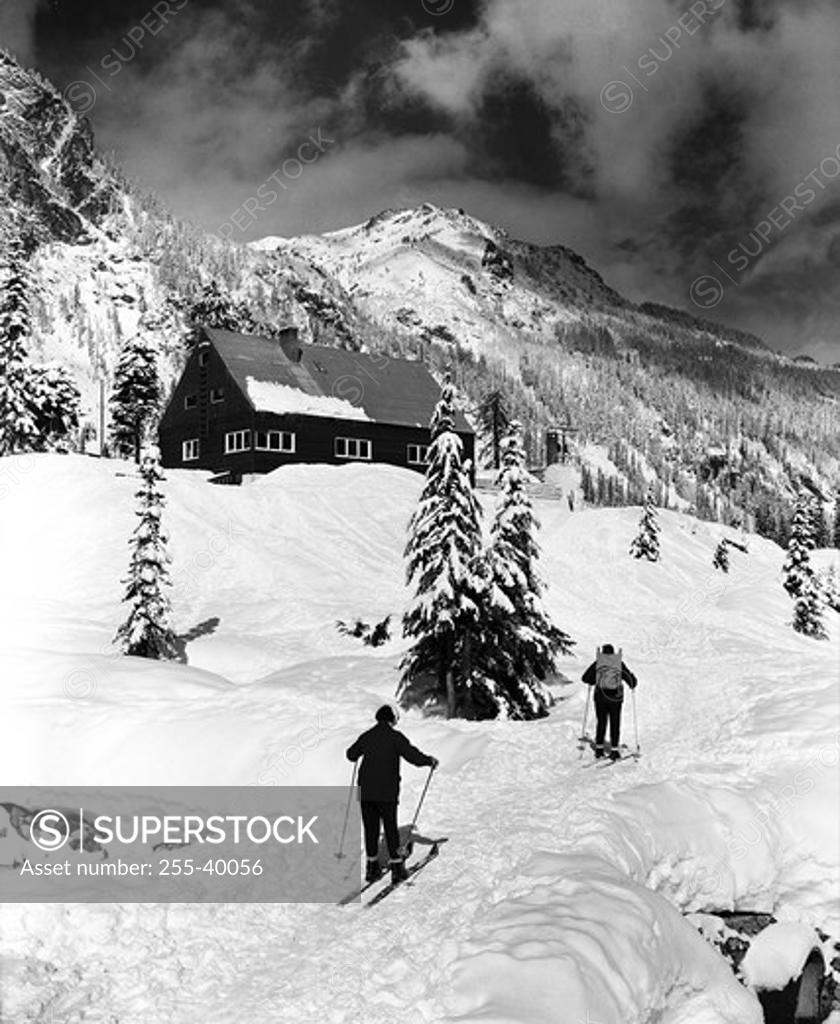 Stock Photo: 255-40056 Rear view of two people skiing, Washington, USA