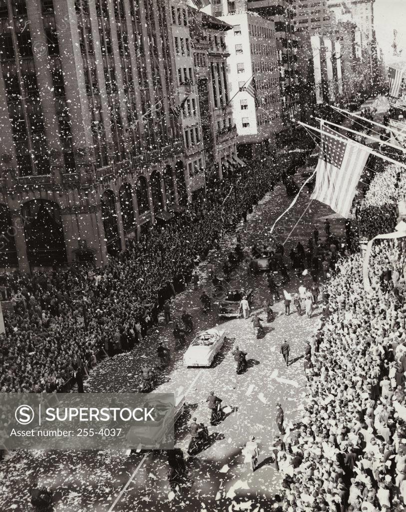 Stock Photo: 255-4037 High angle view of a parade for General Douglas MacArthur, 5th Avenue, New York City, New York State, USA, April 1951