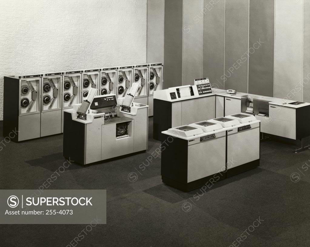 Stock Photo: 255-4073 High angle view of mainframes in a computer lab, Univac